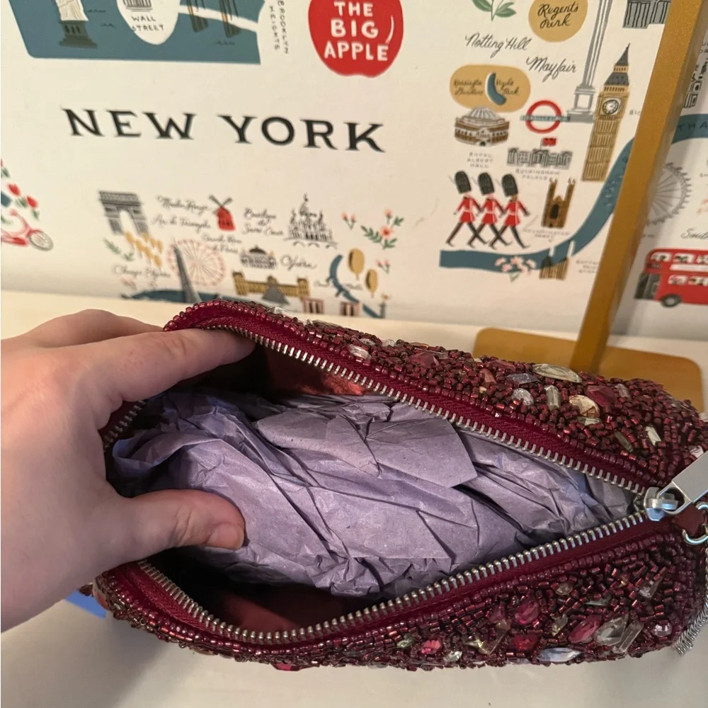 From India To You Beaded Cylinder Clutch Bag Burgundy Crystal Evening Crossbody - Picture 6 of 6